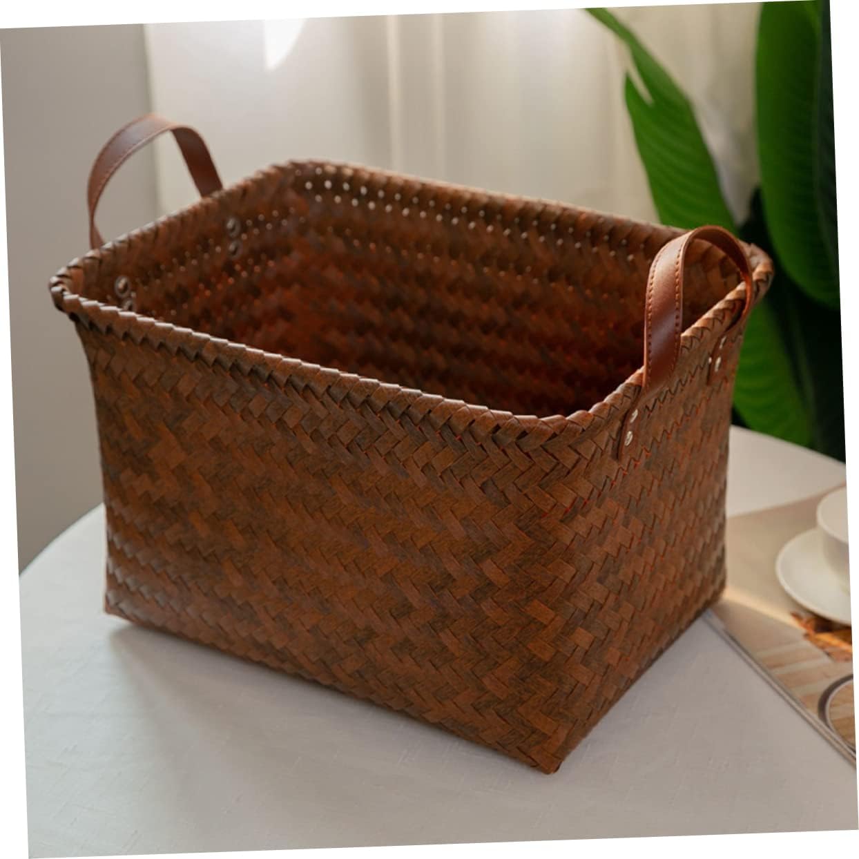 Ciieeo Imitation Rattan Laundry Basket with Leather Handles Medium Storage Container for Snacks Clothes Smooth Surface Home Organizer for Bathroom Nursery Bedroom Living Room Use