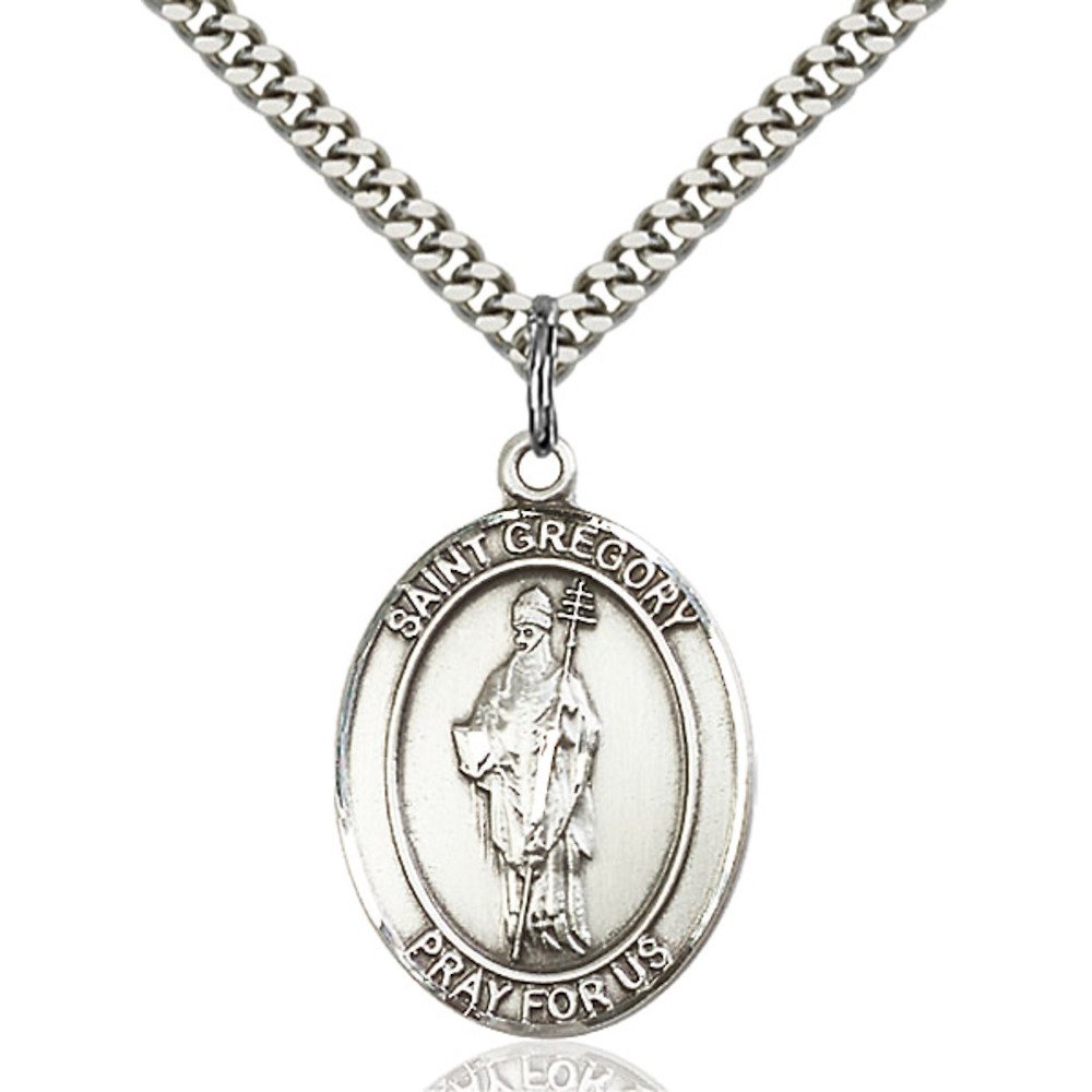 Bonyak Jewelry Saint Medal Collection Custom Engraved Sterling Silver St. Gregory the Great Pendant 1 x 3/4 inches with Heavy Curb Chain