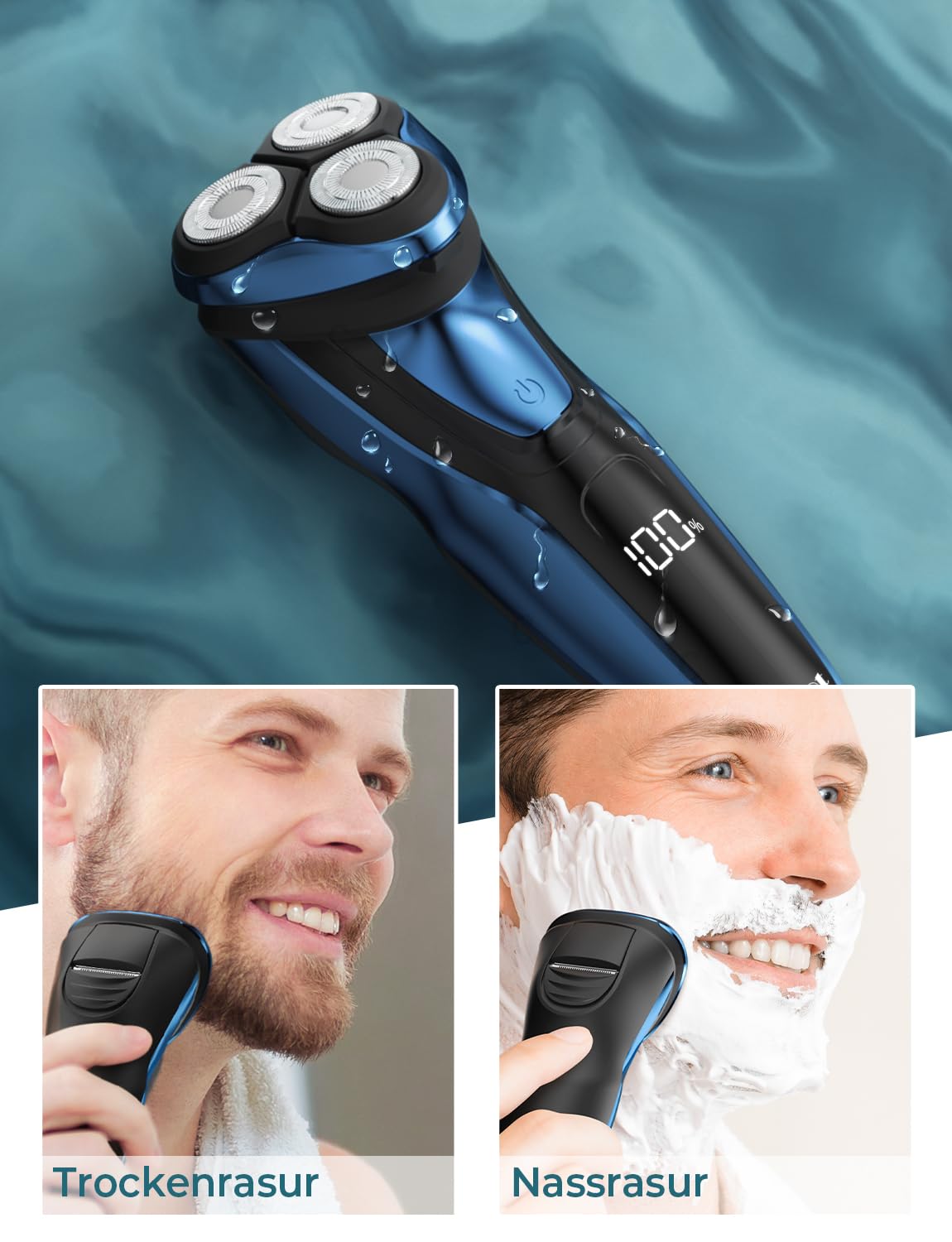 Rasierer Herren Elektrisch, Elektrischer Rasierer Nass- und Trockenrasierer mit Präzisionstrimmer, Elektrorasierer Herren IPX7 mit Reiseverriegelung RS8336 Blau