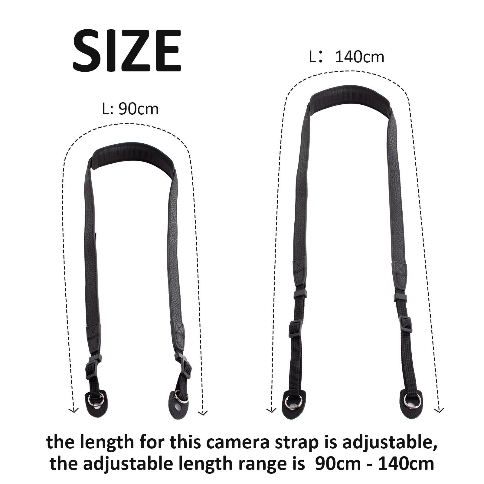 MUZIRI KINOKOO Tracolla universale per fotocamera in vera pelle con cintura in nylon - Tracolla regolabile per reflex e reflex digitali - Lunghezza da 90 cm a 140 cm - Nero
