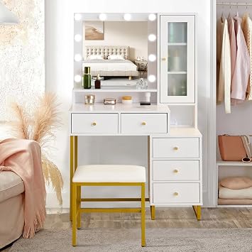 Dresser LED Vanity Table, Mirror Stand with Light, with Outlet, 3-Color LED, Actress Mirror, Drawer, Storage Chair Set, Side Storage, Makeup Stand, Simple, Large Capacity, Cute