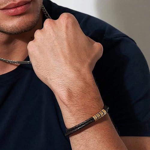 Vista 11 de Handmade Personalized Navigator Men's Genuine Leather Bracelet with Small Custom Beads in Sterling Silver - Custom Man Birthday Anniversary Jewelry