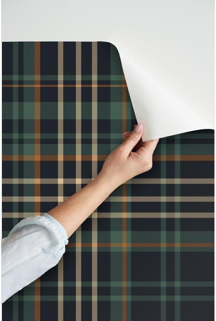 Peel & Stick Wallpaper 3ft x 2ft - Dark Green Check Rustic Cabin Autumn Plaid Cozy Fall Forest Teal Blue Custom Removable Wallpaper by Spoonflower