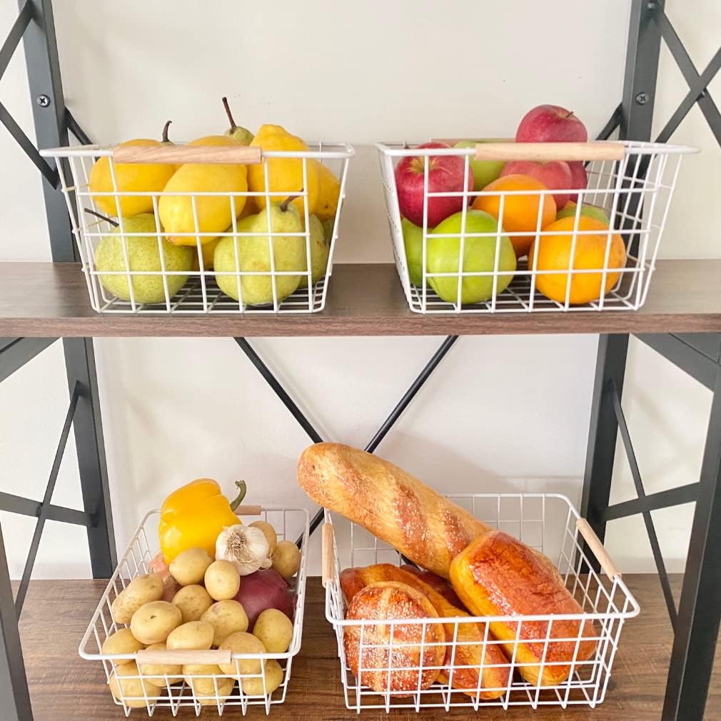 Evelots Wire Storage Baskets with Wood Handles-Pack of 6-Kitchen Cabinet, Pantry Shelf Organization, or Bathroom Metal Basket-Refrigerator/Freezer Organizer Bins-White