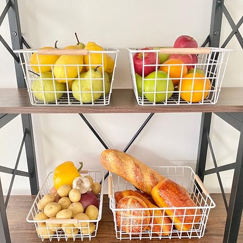 Miniatura 4 de Evelots Cestas de almacenamiento de alambre con asas de madera, paquete de 6 gabinetes de cocina, organización de estantes de despensa o cesta de