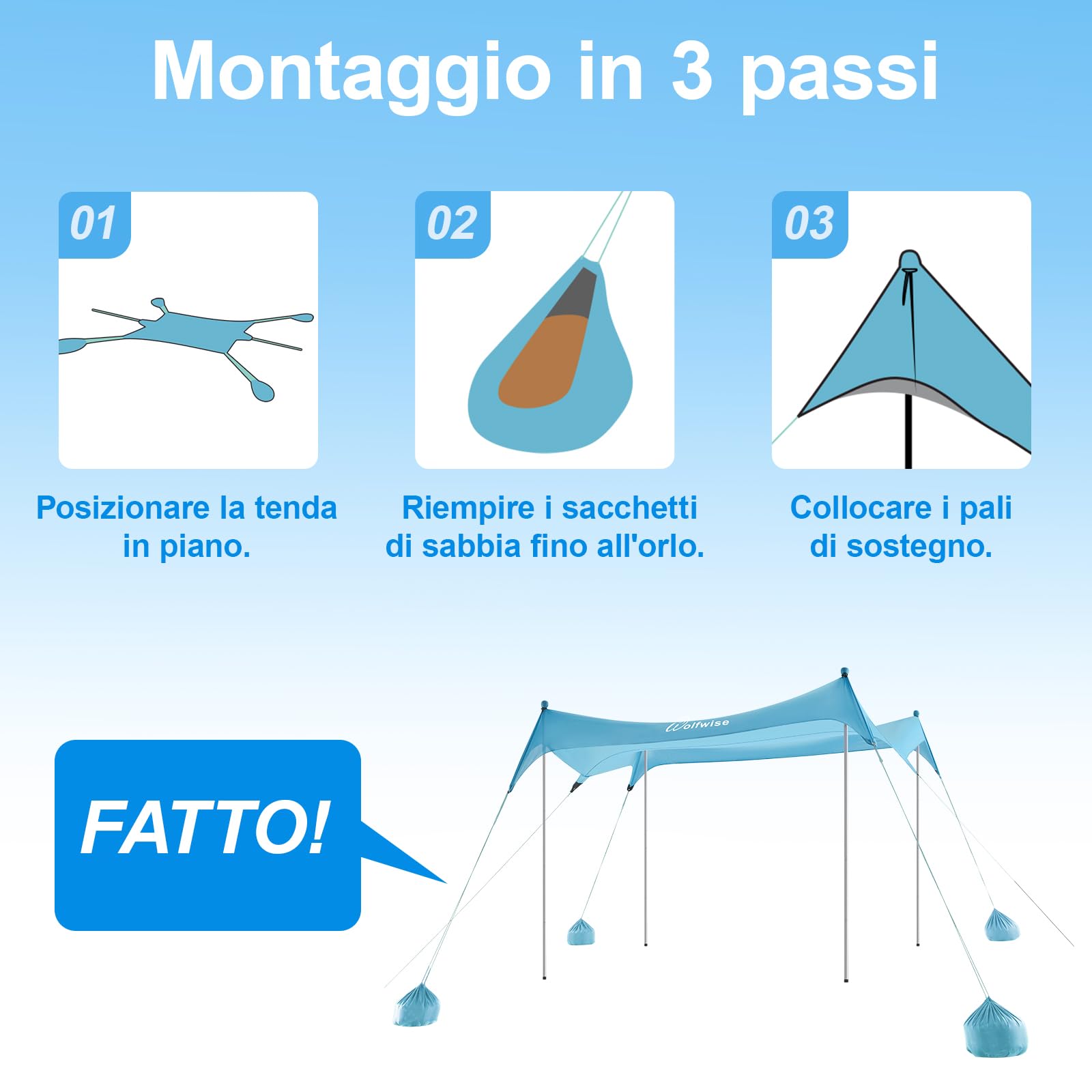 WolfWise Tenda da Spiaggia con Protezione Solare UPF50+, 3 x 3 m Tenda da Spiaggia con Ancoraggio di Sabbia