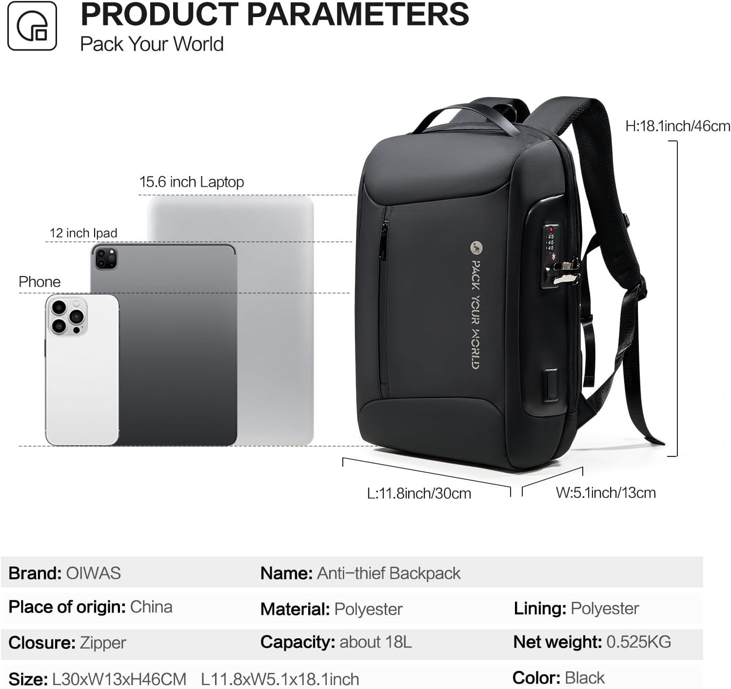 OIWAS Business Backpack for Men, Anti-Theft Backpack Fits 15.6 Inch Laptop, High Tech Backpacks with USB Charging Port, Water Resistant Travel Laptop Backpack for Men and Women