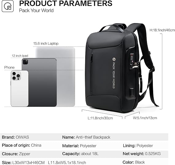 OIWAS Business Backpack for Men, Anti-Theft Backpack Fits 15.6 Inch Laptop, High Tech Backpacks with USB Charging Port, Water Resistant Travel Laptop Backpack for Men and Women