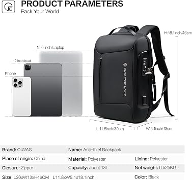 OIWAS Business Backpack for Men, Anti-Theft Backpack Fits 15.6 Inch Laptop, High Tech Backpacks with USB Charging Port, Water Resistant Travel Laptop Backpack for Men and Women
