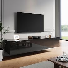 Floating TV Stand Cabinet with Pull-Down Door, High Gloss Black TV Stand with Large Storage Shelves, Modern Wall-Mounted Unit for Living Room & Bedroom 1600x400x300mm