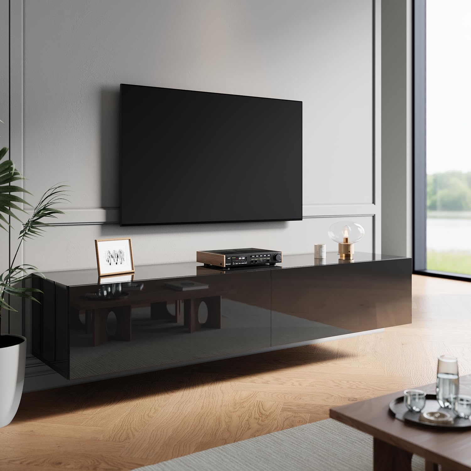 ZANOFIRA Floating TV Stand Cabinet with Pull-Down Door, High Gloss Black TV Stand with Large Storage Shelves, Modern Wall-Mounted Unit for Living Room & Bedroom 1600x400x300mm — image 1