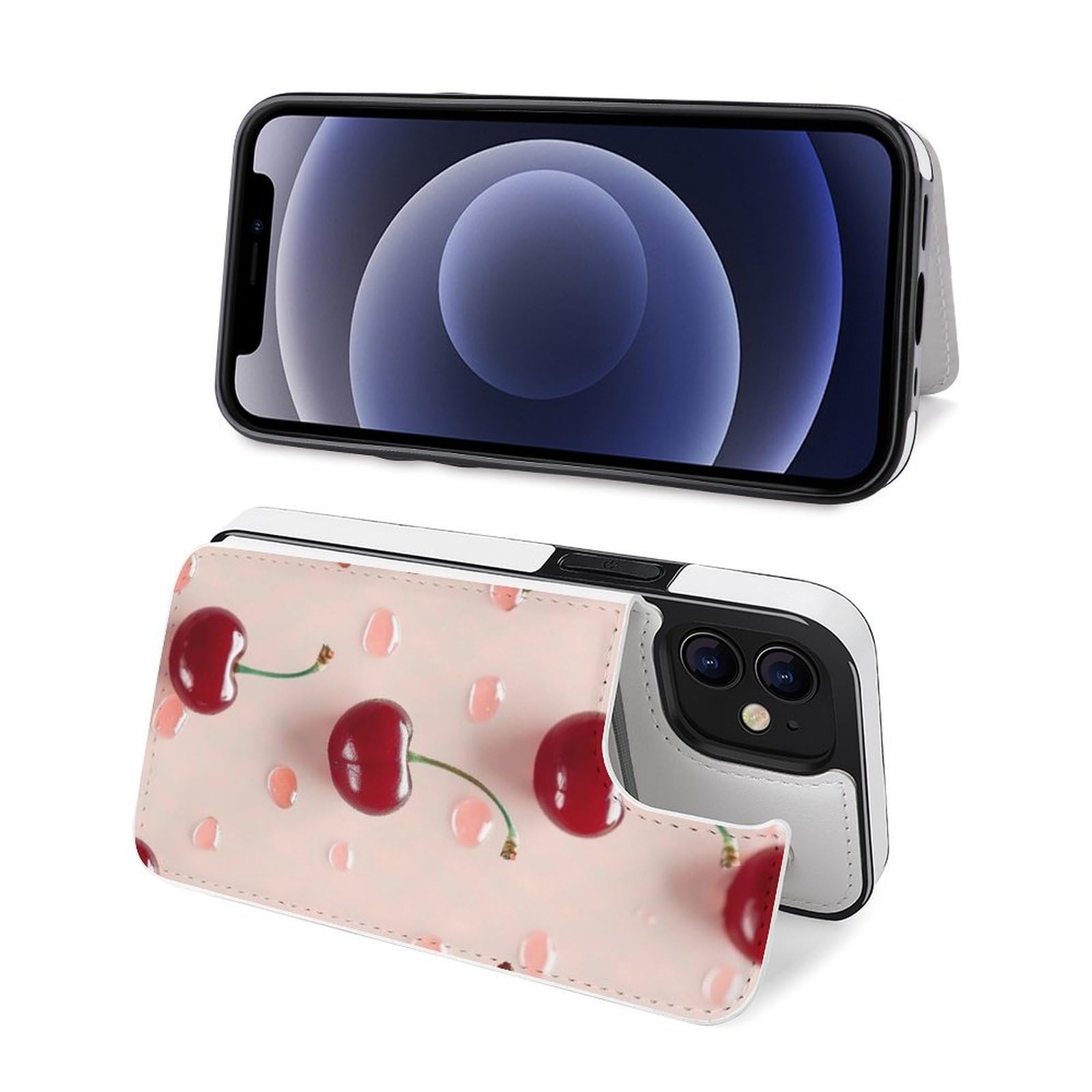 Fundas tipo cartera para iPhone 12 Mini, con estampado de cerezas rojas y encantadoras, funda de piel con ranuras para tarjetas