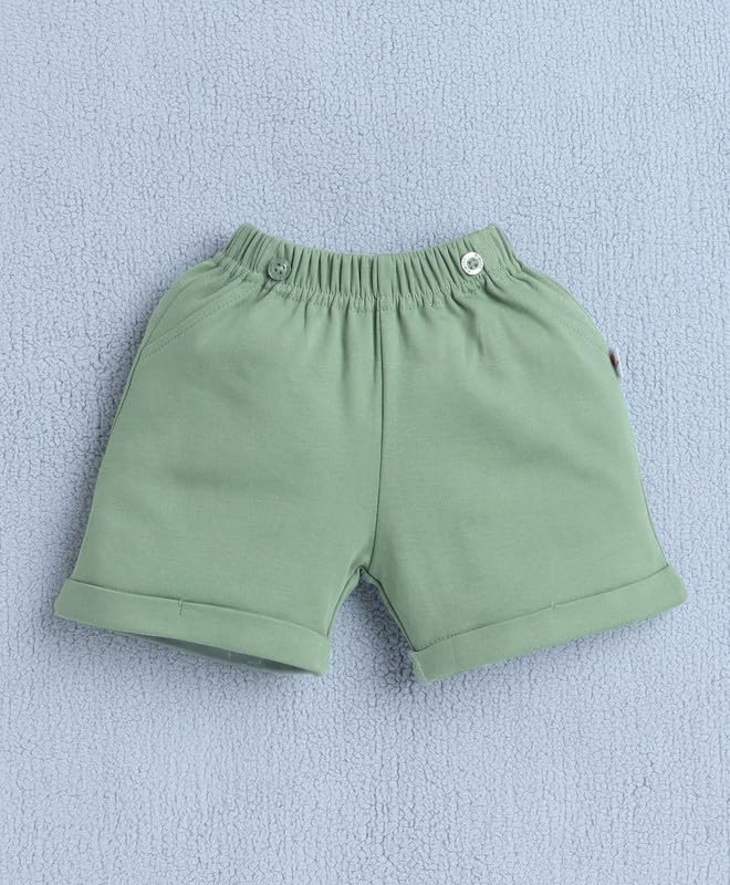 Image of BUMZEE Baby Boys Regular Fit Half Sleeves Collar Neck Cotton Bodysuit & Short Set With Bow Suspender & Cap