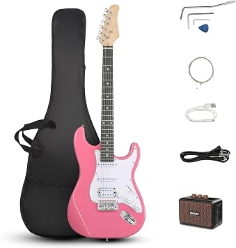 Ktaxon 39 Inch Electric Guitar Kit for Beginner, HSS Pickups 6 String Solid-Body Full Size Adults Electric Guitars W/Amplifier, Bag, Strap, Cable, Accessories - Rose Pink