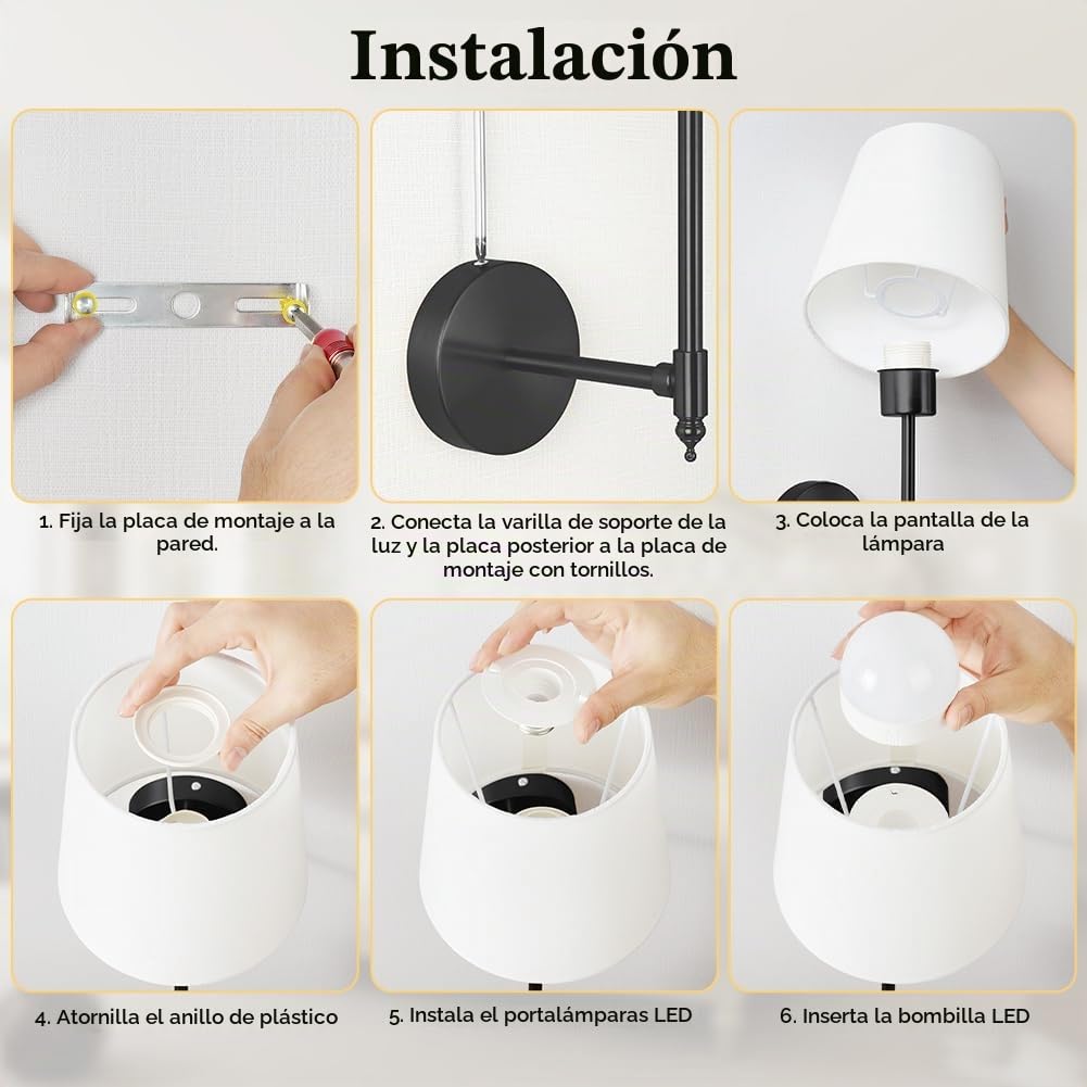 HOTUT Juego de 2 Apliques de Pared Que Funcionan con Pilas, Luces de Pared Negro con Pantalla de Tela Blanca, Lámpara de noche Sin Cable con Control Remoto y Bombillas Carga Desmontables, Regulable