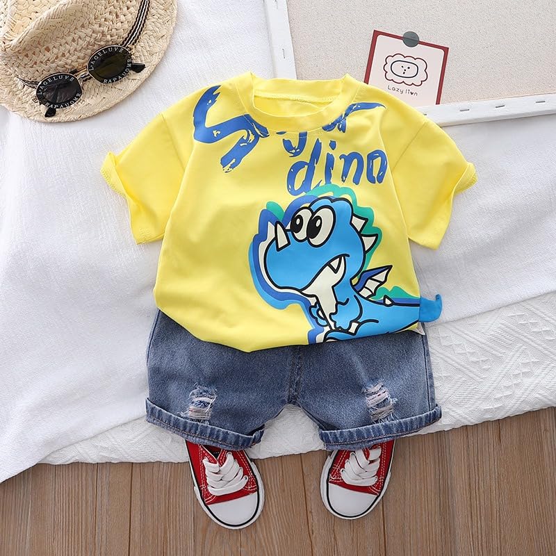Image of Googo Gaaga Cotton T-shirt with Bottom Folded Denim Shorts - Clothing Set for Baby Boys | Toddlers | Half Sleeves | Cute Dinosaur Cartoon Printed | Round Neck | Dress for Kids