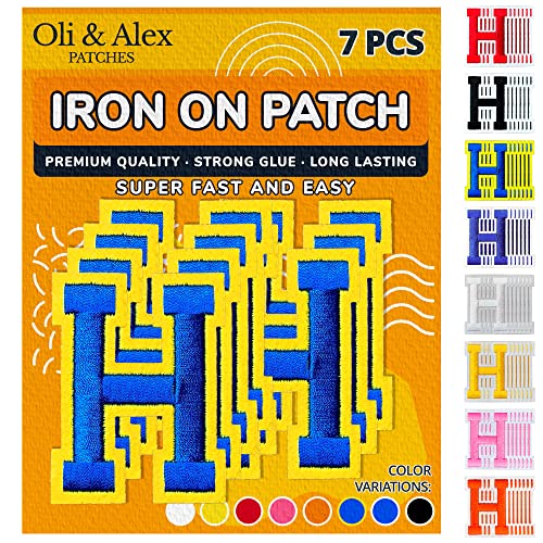 Oli and Alex Iron On Letters 2.4 inch - 7 pcs of H Blue Patches Letters for Clothing - Super Glue - No sew Needed - Embroidery Alphabet Football Team School University - Blue on Yellow, H