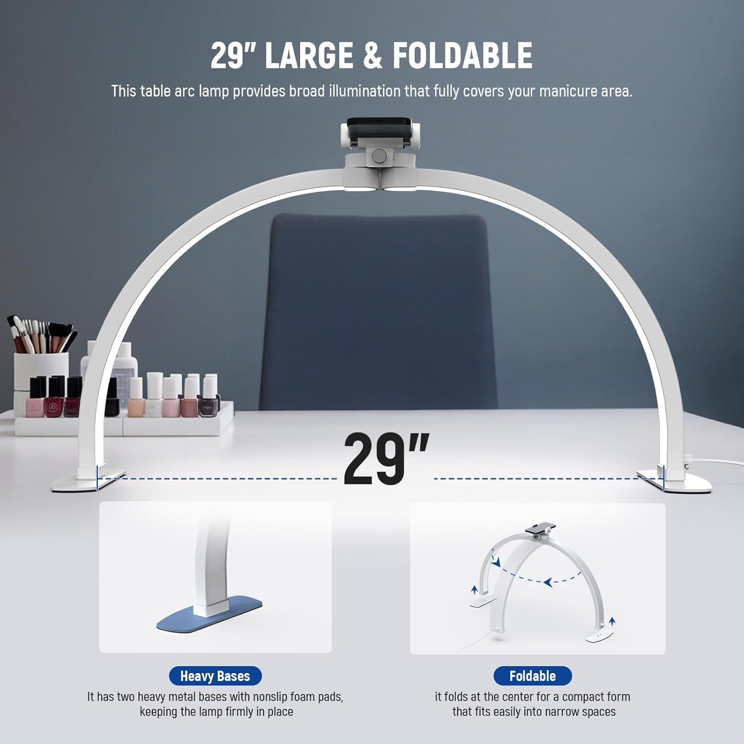NEEWER Basics HM02-D lampa do paznokci z półksiężycem na stół, 36 W, składana lampa do studia paznokci, lampa LED, do manicure, półpierścieniowego światła z uchwytem na telefon komórkowy, do makijażu