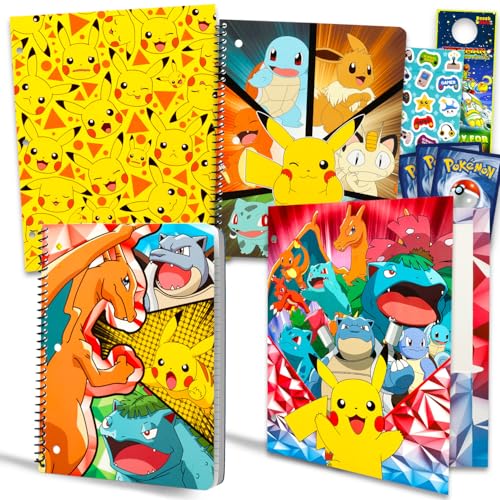 Pokemon School Supplies Set - Bundle with 2 Spiral Notebooks, 2 Portfolio Folders, Stickers, More | Pokemon School Supplies Set for Boys, Girls, Kids