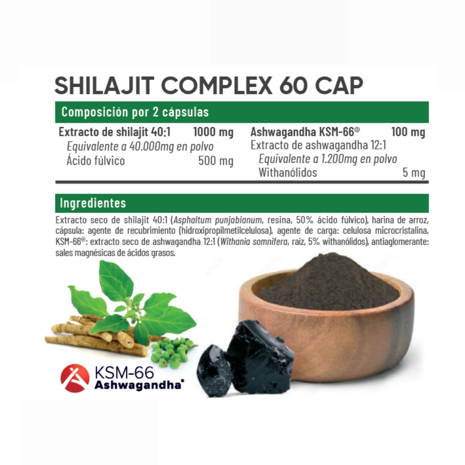 Shilajit Complex 500 mg 60 Cápsulas con 50% Ácido Fúlvico + Ashwagandha KSM-66® – Suplemento Energético para Vitalidad, Rendimiento, Testosterona y Bienestar General