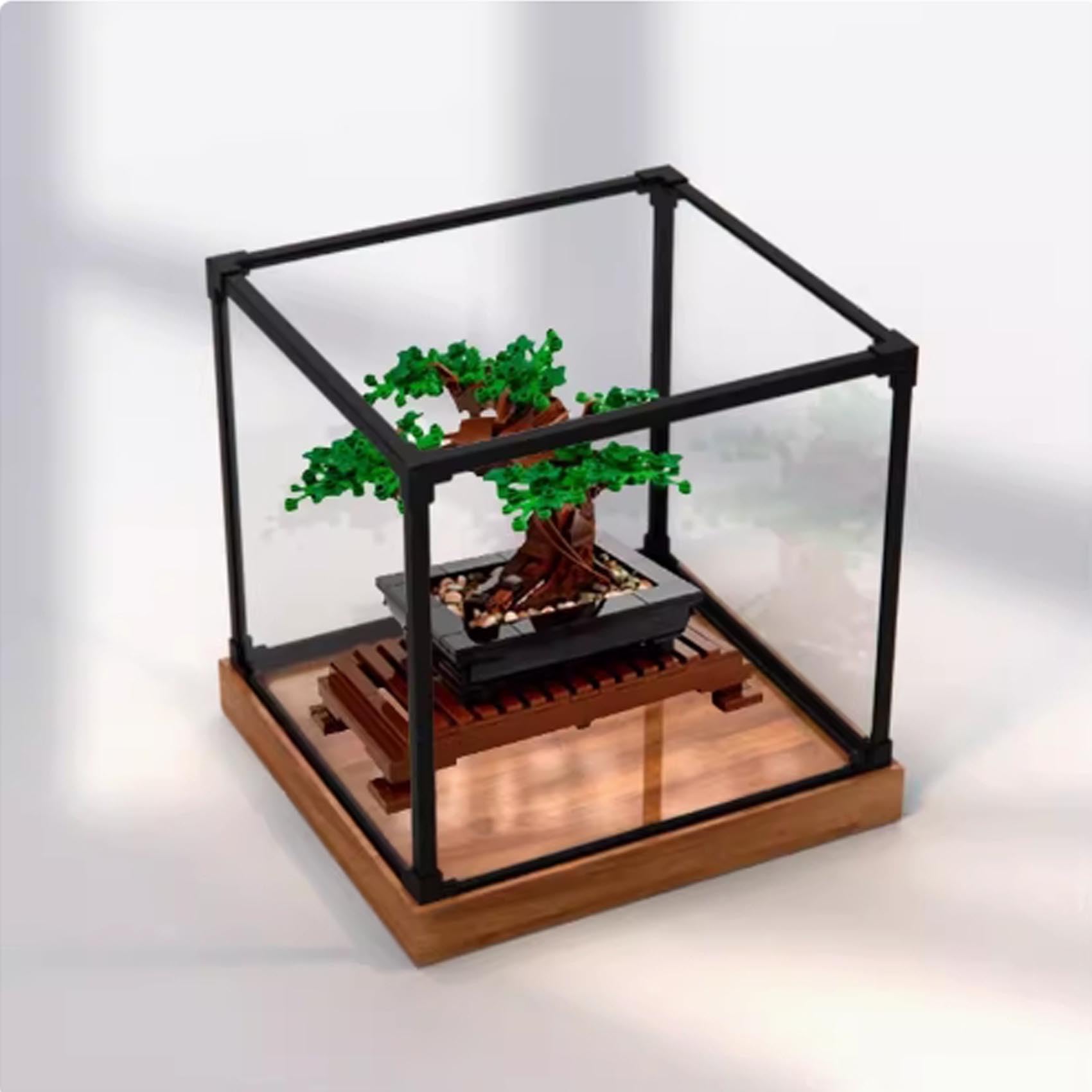 Espositore in acrilico, per Lego 10281 Bonsai in vaso modello di piante, antipolvere trasparente collezioni vetrina. (solo scatola) (base venatura del legno)
