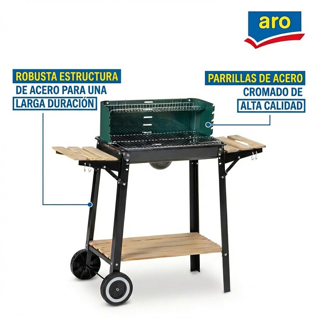 aro Barbacoa de Carbón con Ruedas, Acero/Madera, 2 rejillas, 2 mesas Auxiliares, Asas de Madera, Protector de Viento, Verde