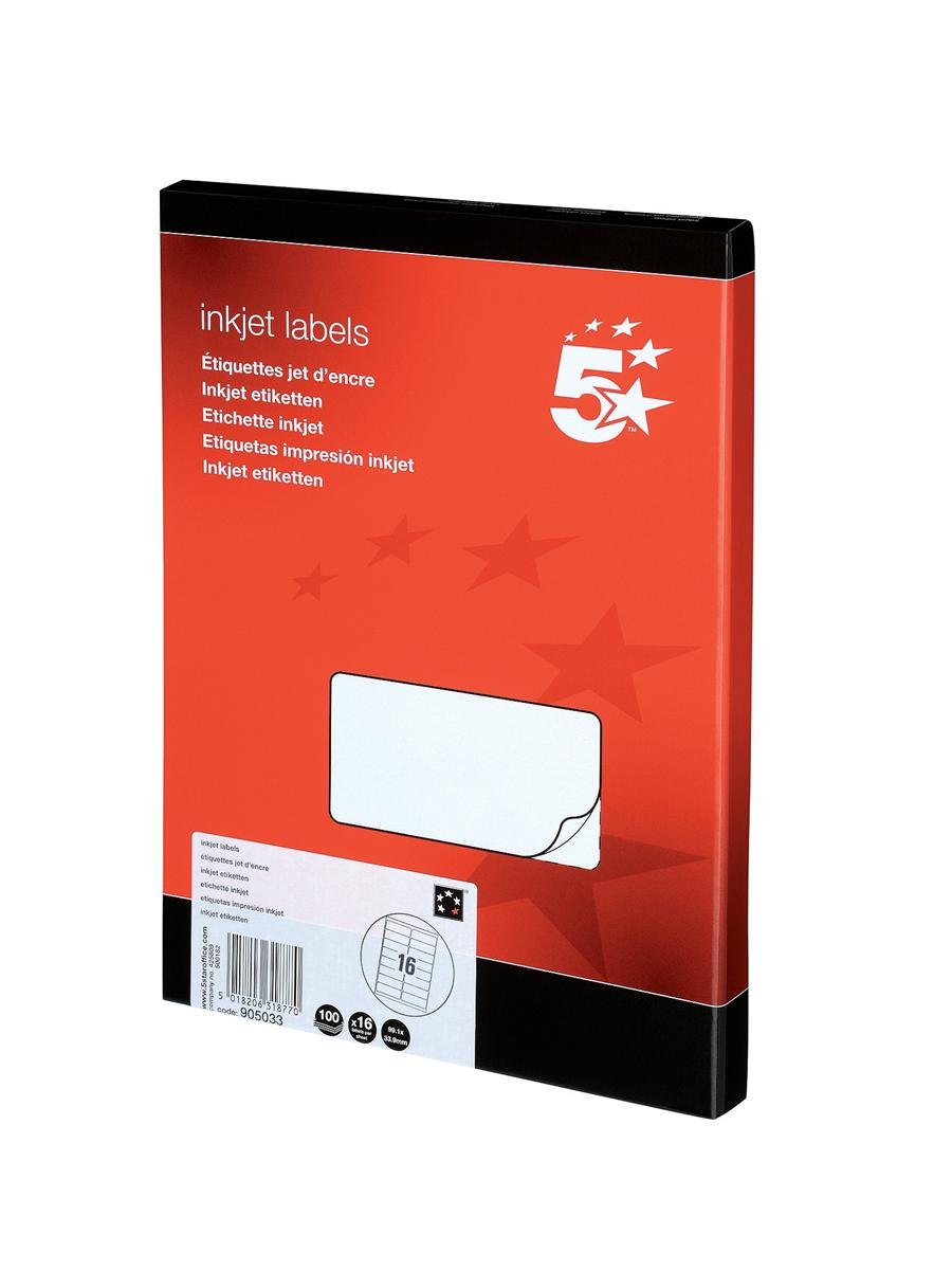 5 Star Addressing Labels Inkjet 16 per Sheet 99.1x34mm White [1600 Labels]