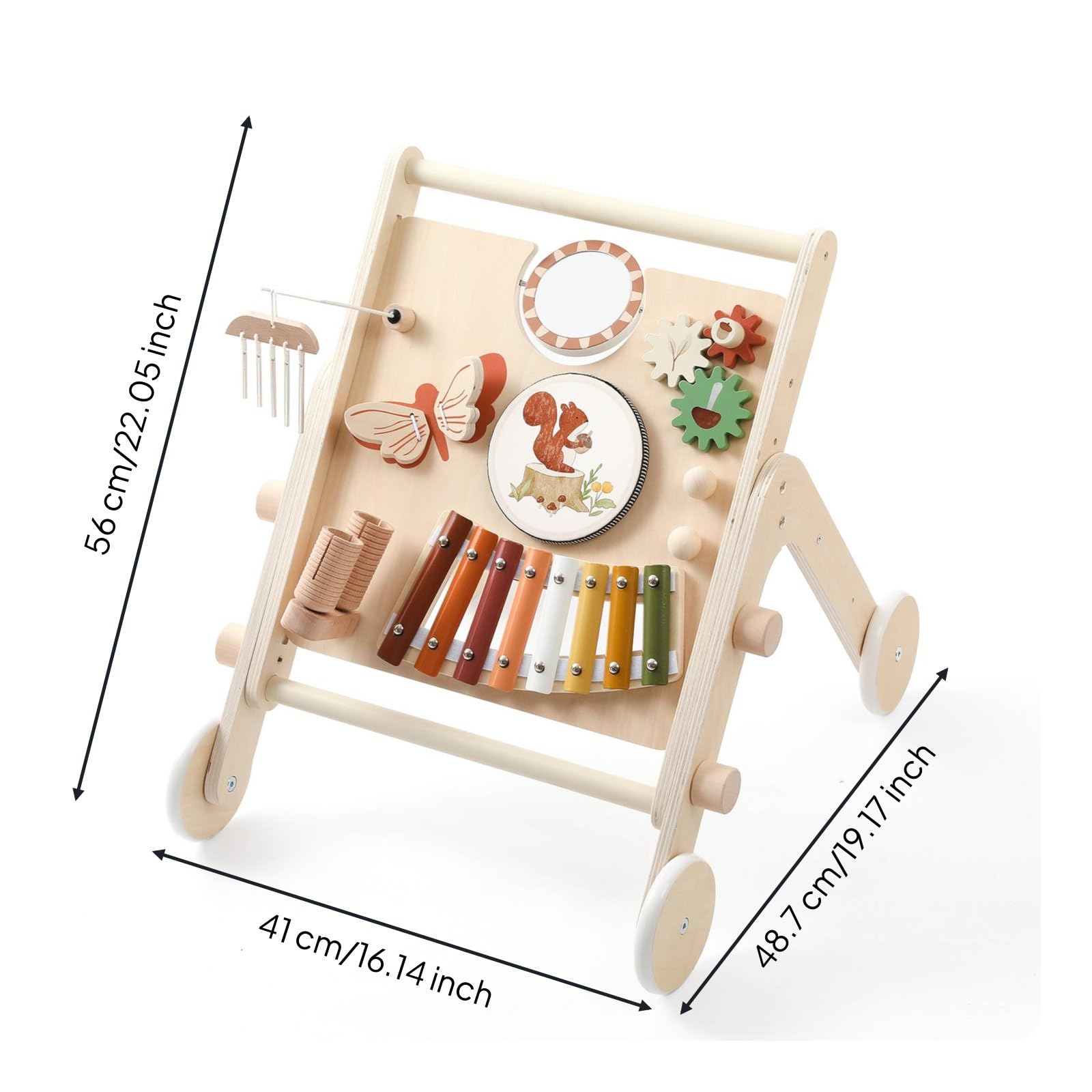 Jiuvaso Carrello Musicale Bambino con Tastiera Xilofono E Pannello Girevole Giocattolo da Spinta in Legno con Bordi Arrotondati per Gioco Attivo E Apprendimento Precoce Neonati