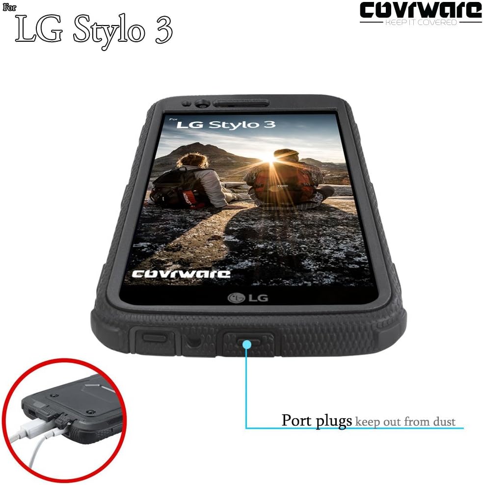 COVRWARE Aegis Series Case Compatible with LG Stylo 3 / 3 Plus with Built-in Screen Protector Holster Belt Clip Kickstand Heavy Duty Full Body Armor Shockproof Protective Cover - Black