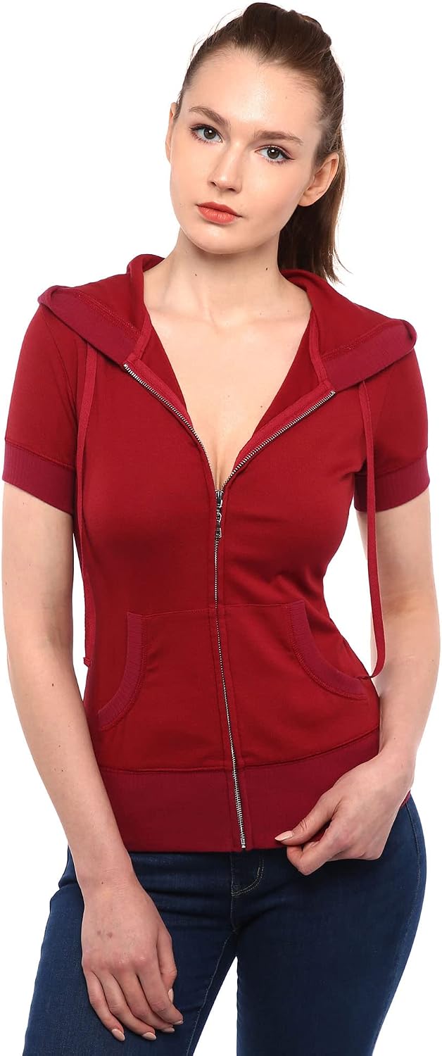 AmélieBoutik Women Cotton Blend Hoodie Zip Up Kangaroo Pocket Short Sleeve Jacket image 3