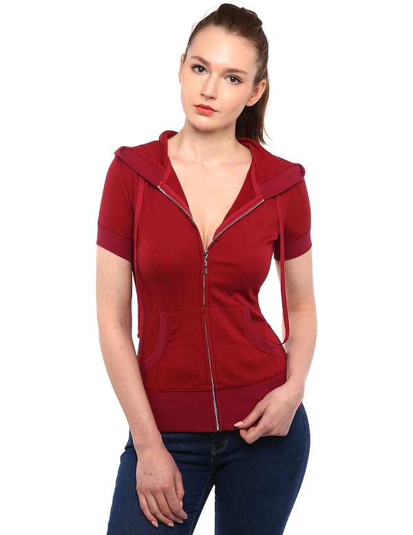 AmélieBoutik Women Cotton Blend Hoodie Zip Up Kangaroo Pocket Short Sleeve Jacket(Red Medium) by AmélieBoutik - Used condition - Image 3