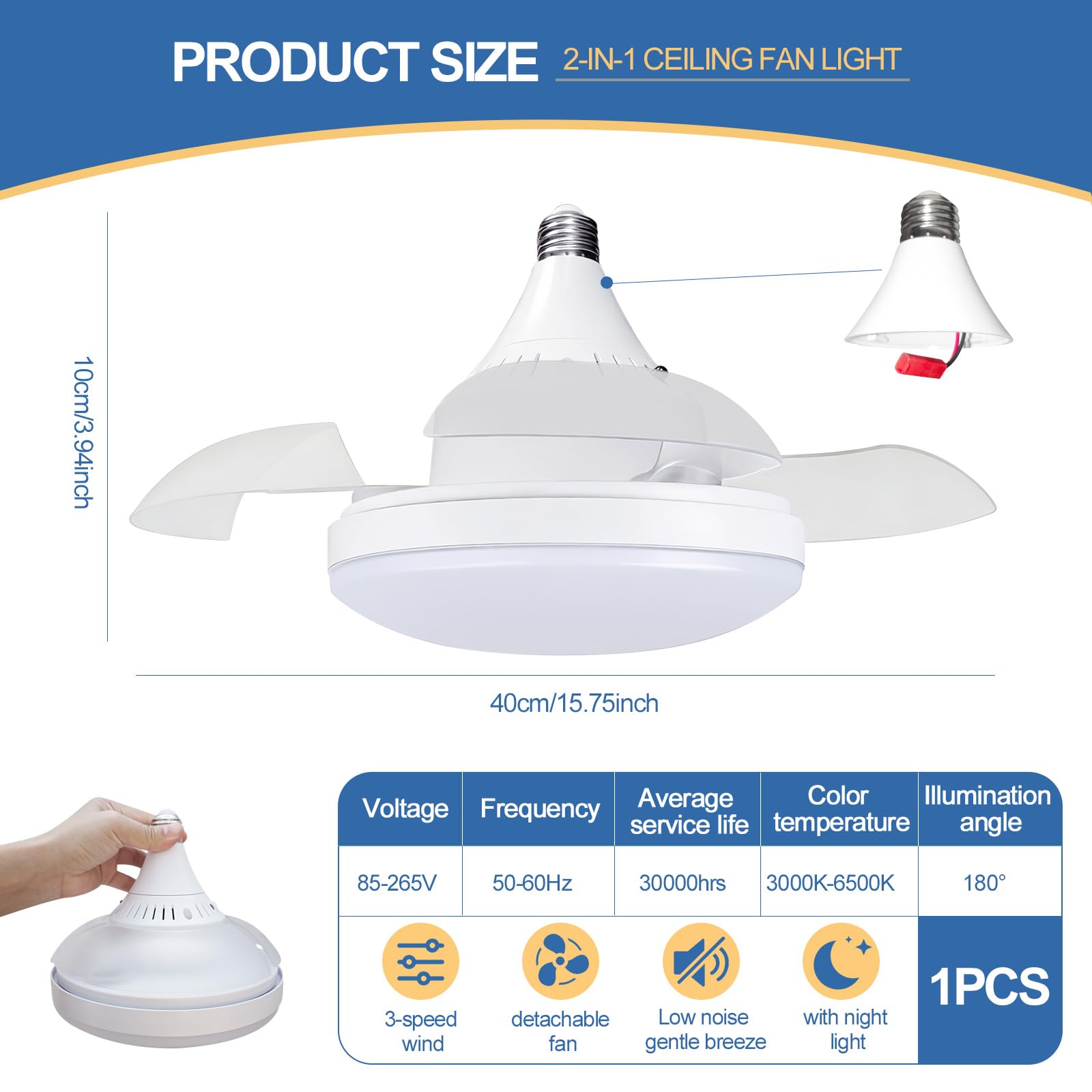 Ventilatore da soffitto con luce e telecomando, attacco E27, piccolo ventilatore da soffitto a LED dimmerabile da 40 cm, silenzioso, 3 velocità, timer, luce notturna per camera da letto o cucina