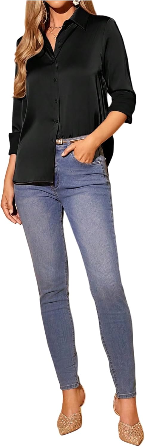 SweatyRocks Women's Button Down Shirts Collar V Neck Long Sleeve Work Business Blouse Top Dressy Casual Shirt - Image 6