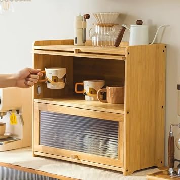 2 Tier Bamboo Countertop Pantry, Kitchen Countertop Flatware Storage Cabinet with 2 Sliding Striped Clear Door Stoppers, Fully Sealed Cutlery Organizer for Condiments, Plates, Bowls