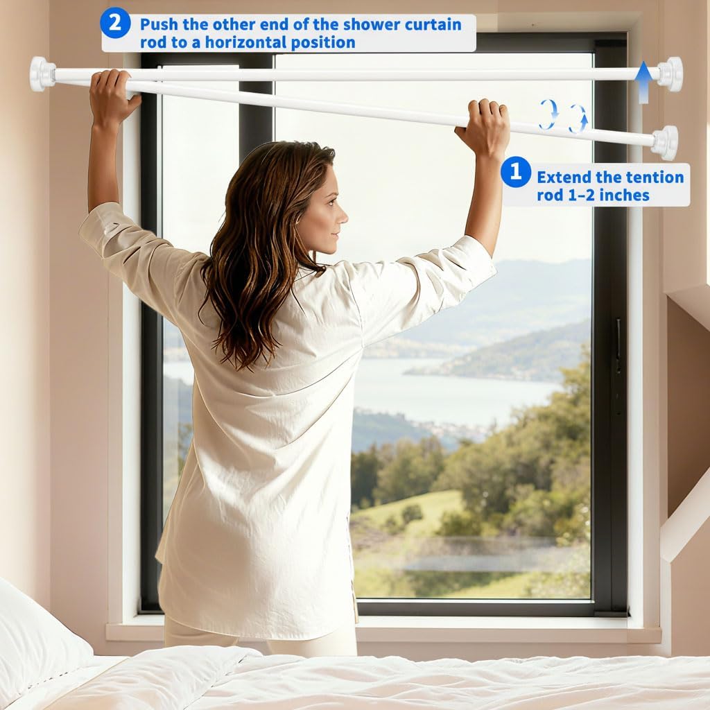 White Shower Curtain Rod 24-40 Inch Integration Tension Curtain Rod, Load 44LBS No Splice 304 Stainless Steel Adjustable Spring Heavy Duty Tension Rods for Bathroom Windows No Drill Non Slip