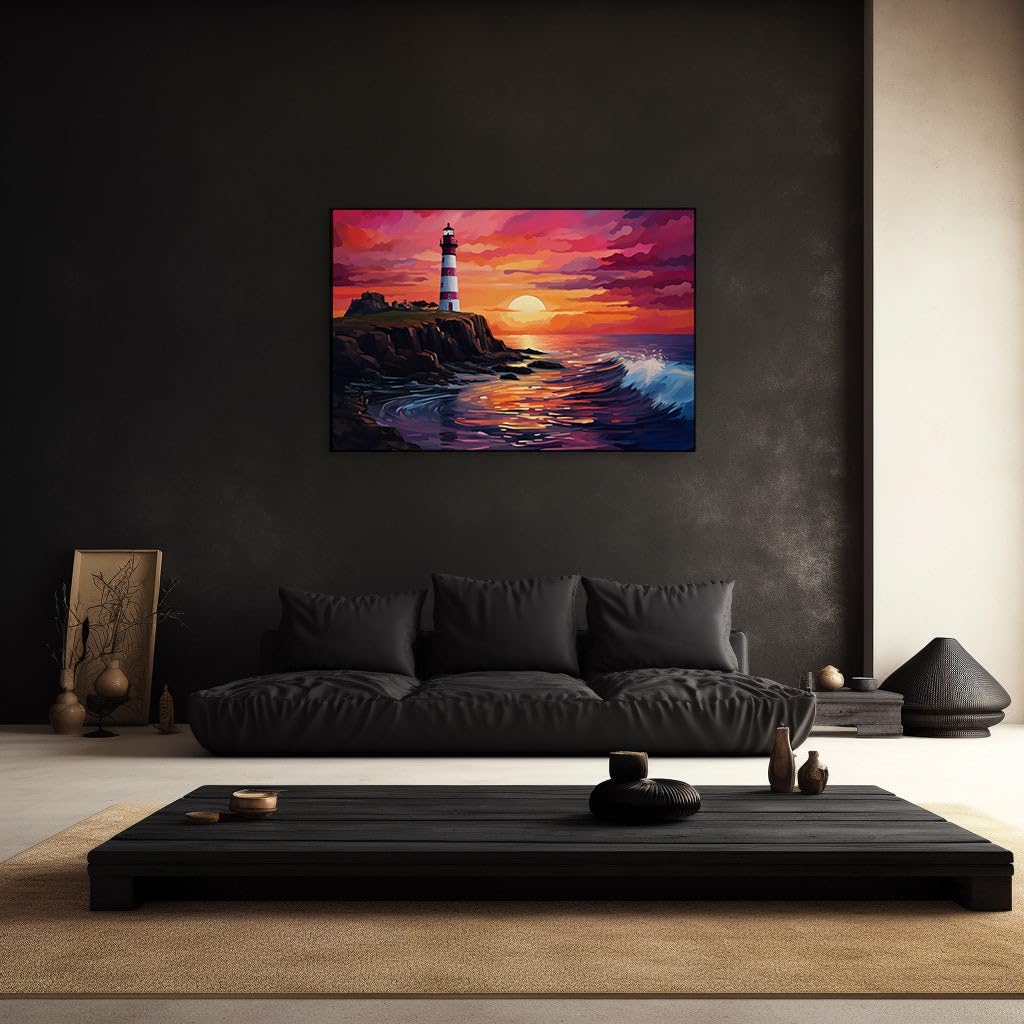 Canvas for Living room. Lighthouse Vigil over a Fiery Seascape Sunset, 27 x 18 inch Canvas Wall Art - Tranquility - Modern Home Decor