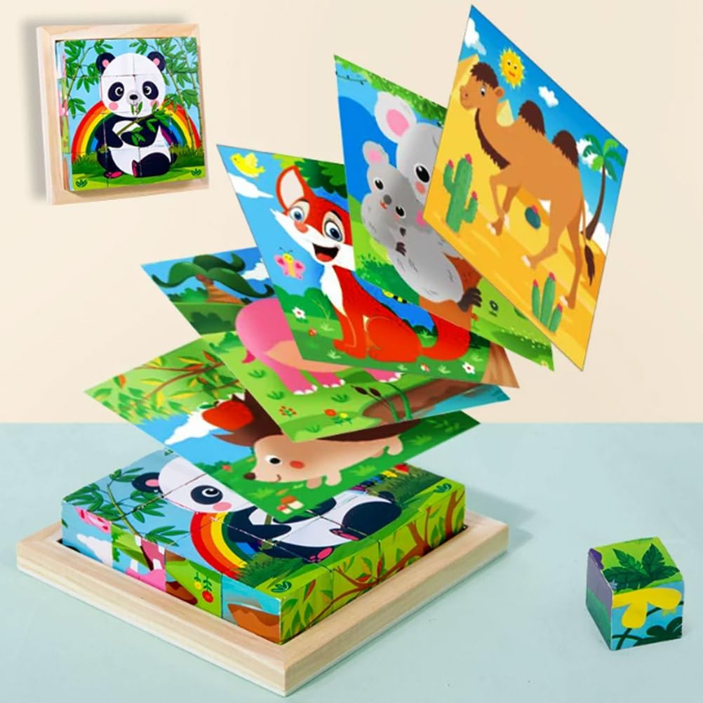 Montessori Holz 6-seitige Block-Puzzles | Frühlernspielzeug, Tier-Weltraum-Dino-Ozean-Themen-Zuordnungsspiel, Feinmotorik