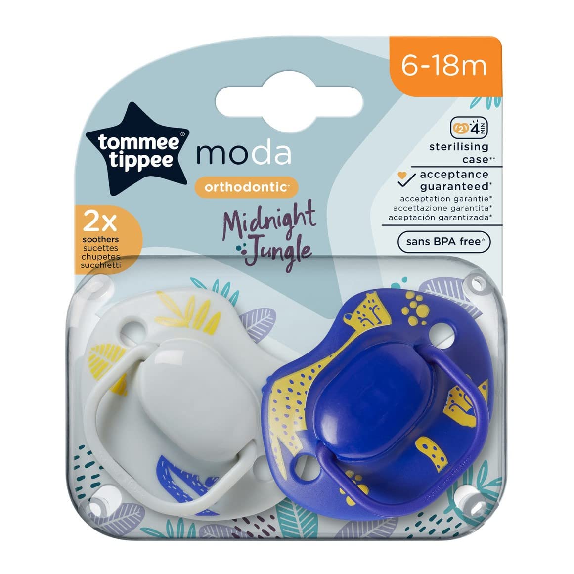 Tommee TippeeModa Soother 2 Pack 6–18 Months Orthodontic Silicone Pacifiers with Modern Design for Baby Boys and Girls BPA-Free Comfort Soothers for Day and Night Use