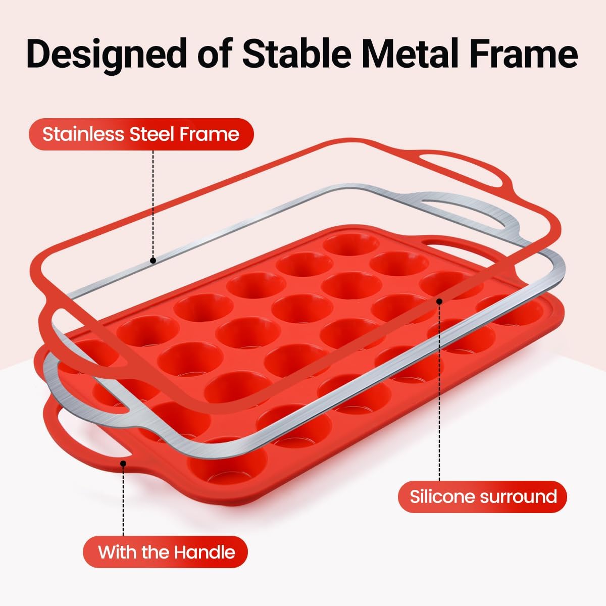 CAKETIME Silicone Mini Muffin Pan, Metal Reinforced Frame 24 Cups Mini Muffin Tin with Handles BPA Free Muffin Silicone Molds for Baking Muffins, Cupcakes, Egg Bites 2 Pack, Red - Image 2