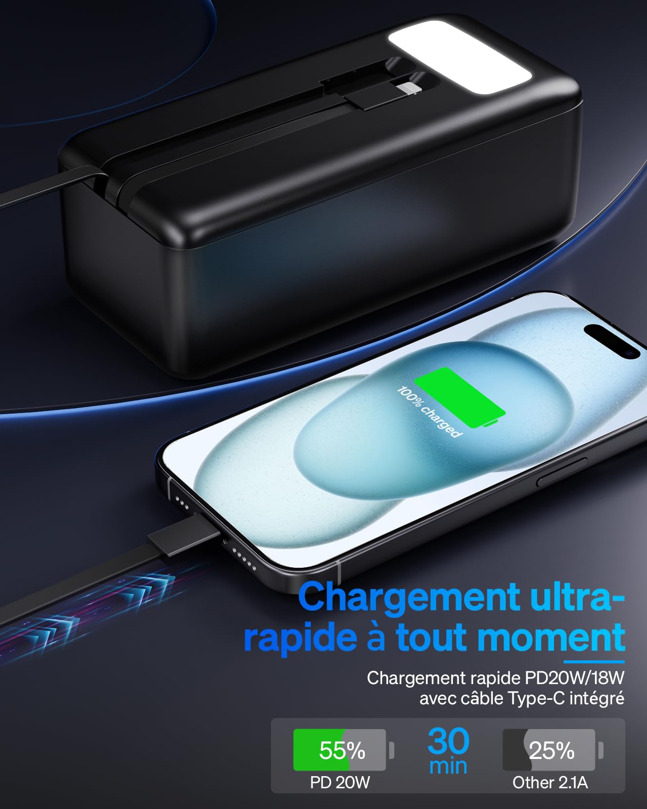 Batterie Externe 50000 mAh, Power Bank : Batterie Externe de Charge Rapide 22,5 W avec 5 Sorties et 2 entrées et Lampe de Poche