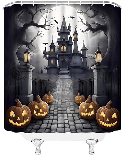 Miniatura 3 de Cortina de ducha de Halloween, casa embrujada, espeluznante calabaza, horror, luna llena, espeluznante, árbol muerto, gótico, murciélagos negros,