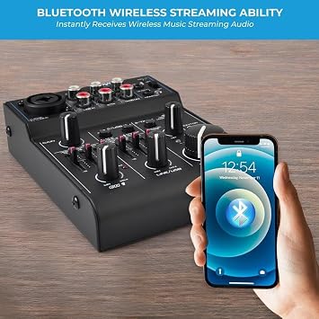 3 Channel Bluetooth Audio Mixer - DJ Sound Controller Interface with USB Soundcard for PC Recording, XLR, 3.5mm Microphone Jack, 18V Power, RCA Input/Output for Professional and Beginners - PAD30MXUBT