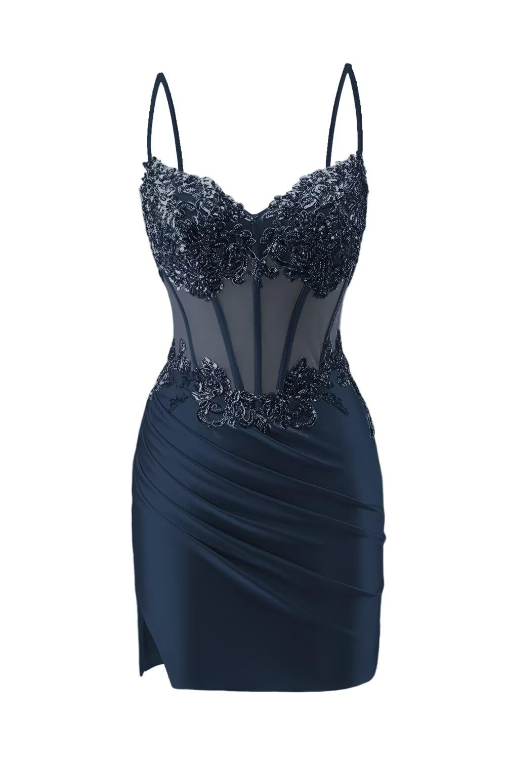 RSOETOO Lace Applique Homecoming Dresses for Teens 2026 Satin Mermaid Mini Short Prom Dress RON114