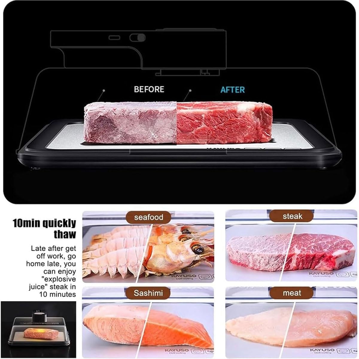 Vassoio elettrico per scongelamento con coperchio visivo, contenitore per scongelamento della carne da 4,2 l, scongelatore intelligente ricaricabile con tecnologia Airflow per bistecca, pollo, pesce