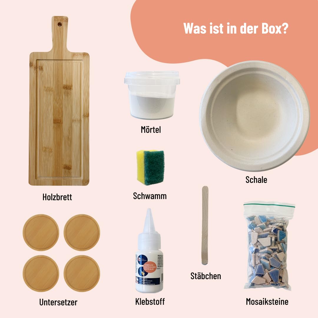 Little Creations - Kit de bricolage mosaïque pour adultes Vieux rose | 1 plateau de service et 4 dessous de verre | Kit complet de pierres de mosaïque et bois | Personnaliser et bricoler soi-même
