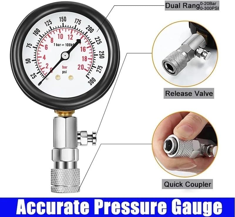 0-300PSI Gasoline Engine Compression Tester Kit Auto Petrol Gas Engine Cylinder Pressure Gauge with M10 M12 M14 M18 Adapter(Lengthen Lever)