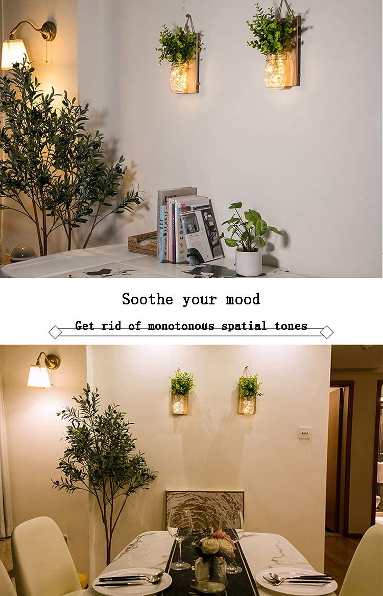 Mason Jar Licht,（2 Stück）, Rustikale Wanddekoration, Lichterkette im Glas, Grüne gefälschte Pflanze, Wohnzimmer Holz-Dekoration mit, Warmweiß Garten Hängeleuchten für Außen(Fernbedienung)