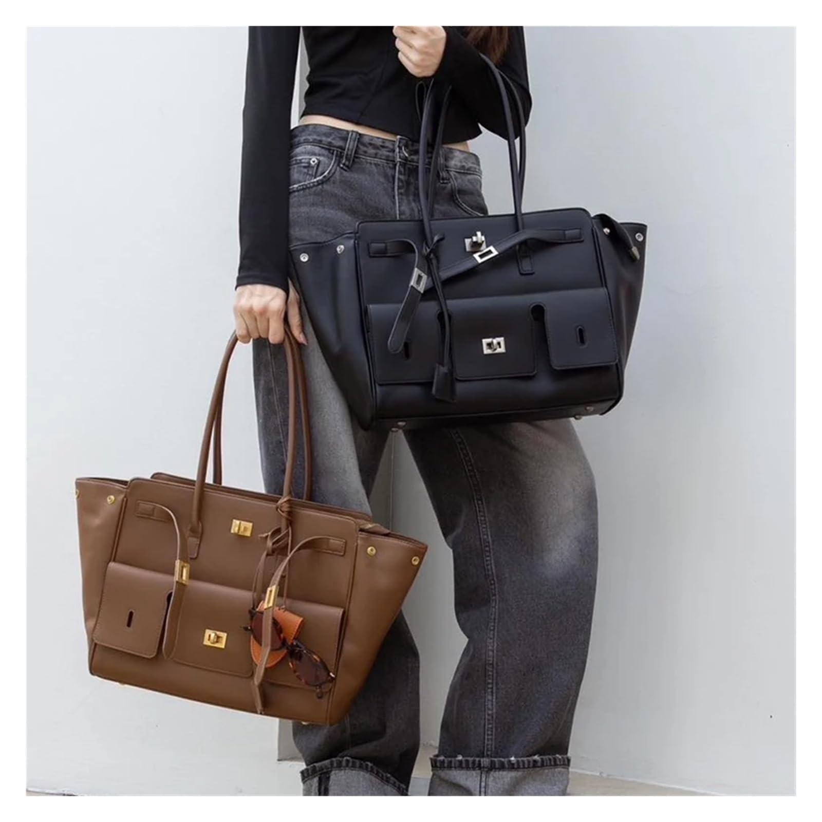 Borse da Donna Borsa a tracolla grande capacità in pelle scamosciata nera con chiusura in argento e oro, alla moda