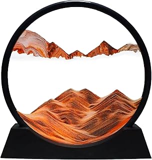 Pure Vie Moving Sand Art Picture Decor, 3D Deep Sea Sandscape Display Flowing Sand Frame, Round Glass Frame Display Flowing Sand for Kids Adults Home Office Work Desktop Decoration Toy(7",Orange）