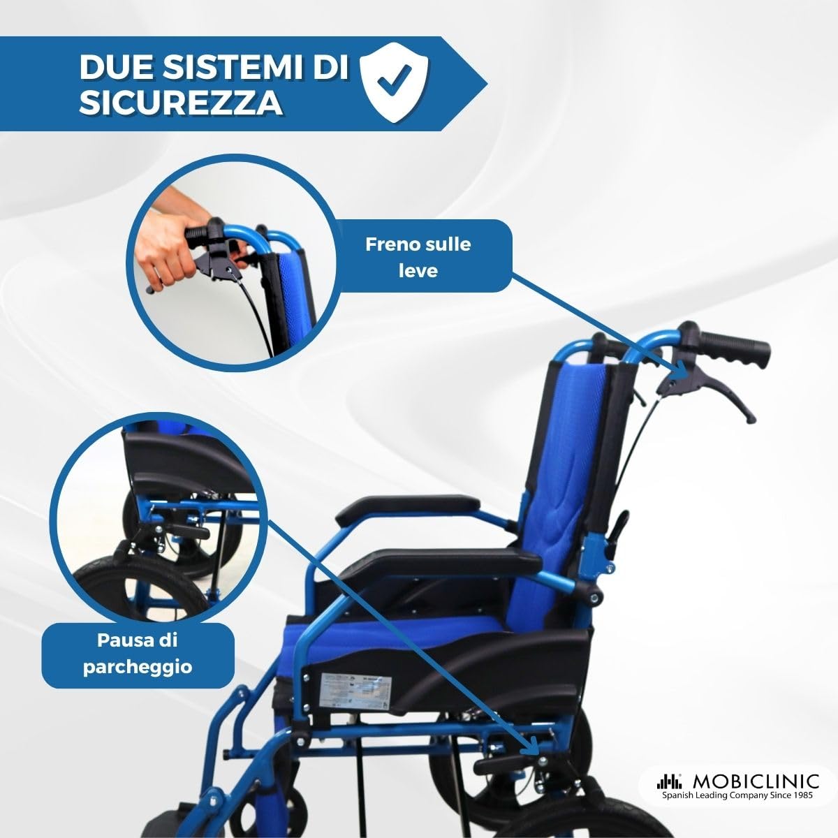 Mobiclinic, Sedia a rotelle da transito, Pirámide, Carrozzina pieghevole, Alluminio, Freno sulle maniglie, Per anziani, Poggiapiedi, Braccioli, Marchio ce, Leggera, Seduta 46 cm, Blu